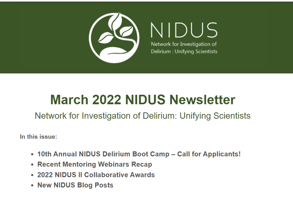 Screenshot of NIDUS March 2022 newsletter for NIDUS newsletter archive