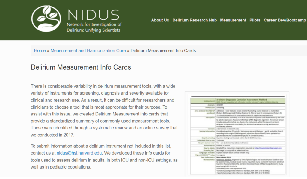 Updated Adult Delirium Measurement Info Cards with COSMIN ratings.