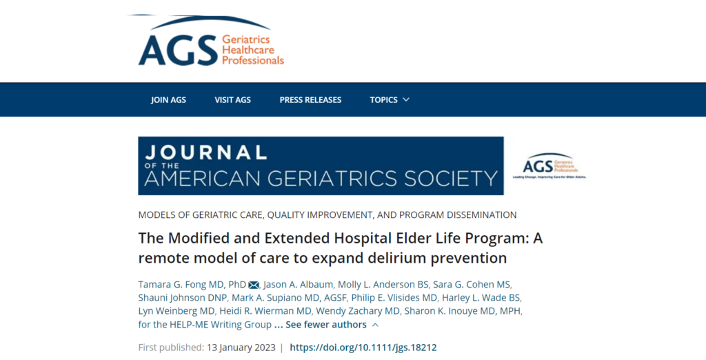 Screenshot of 'The Modified and Extended Hospital Elder Life Program: A remote model of care to expand delirium prevention' by 
Dr. Sharon Inouye, Dr Tamara Fong, & colleagues.