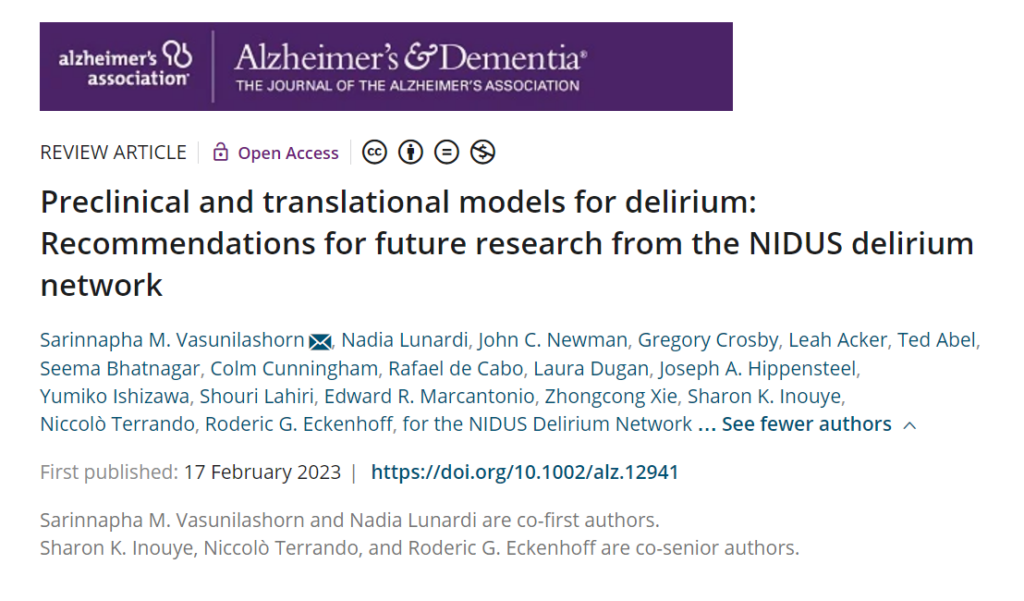 NIDUS Animal Models and Delirium paper screenshot from Alzheimer's and Dementia, the Journal of the Alzheimer's Association